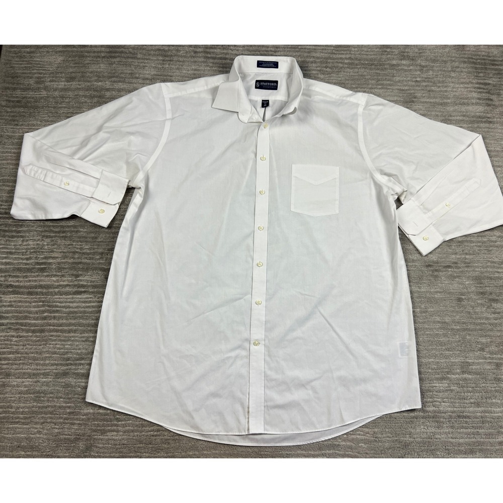 Stafford Dress Shirt Men 18 36-37 White Essentials Regular Fit Broadcloth Button